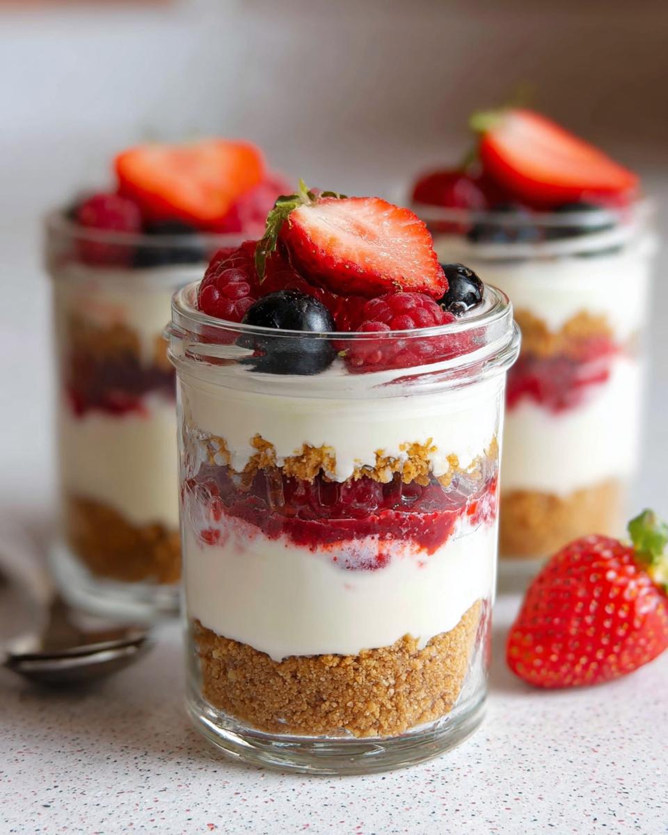 Close-up of a High Protein Cheesecake Jar layered with graham cracker crust, creamy filling, berry compote, and topped with fresh berries and a strawberry slice.