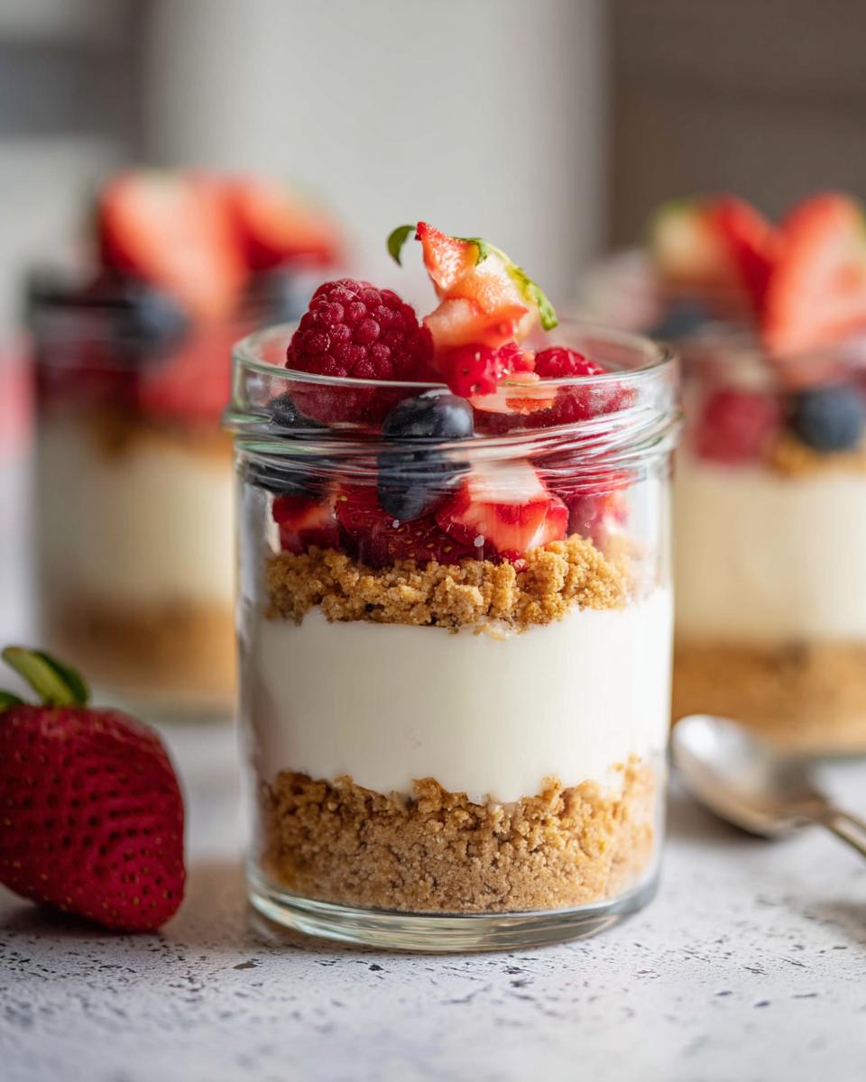 Close-up of a High Protein Cheesecake Jar layered with graham cracker crust, creamy filling, and topped with fresh strawberries, blueberries, and raspberries.