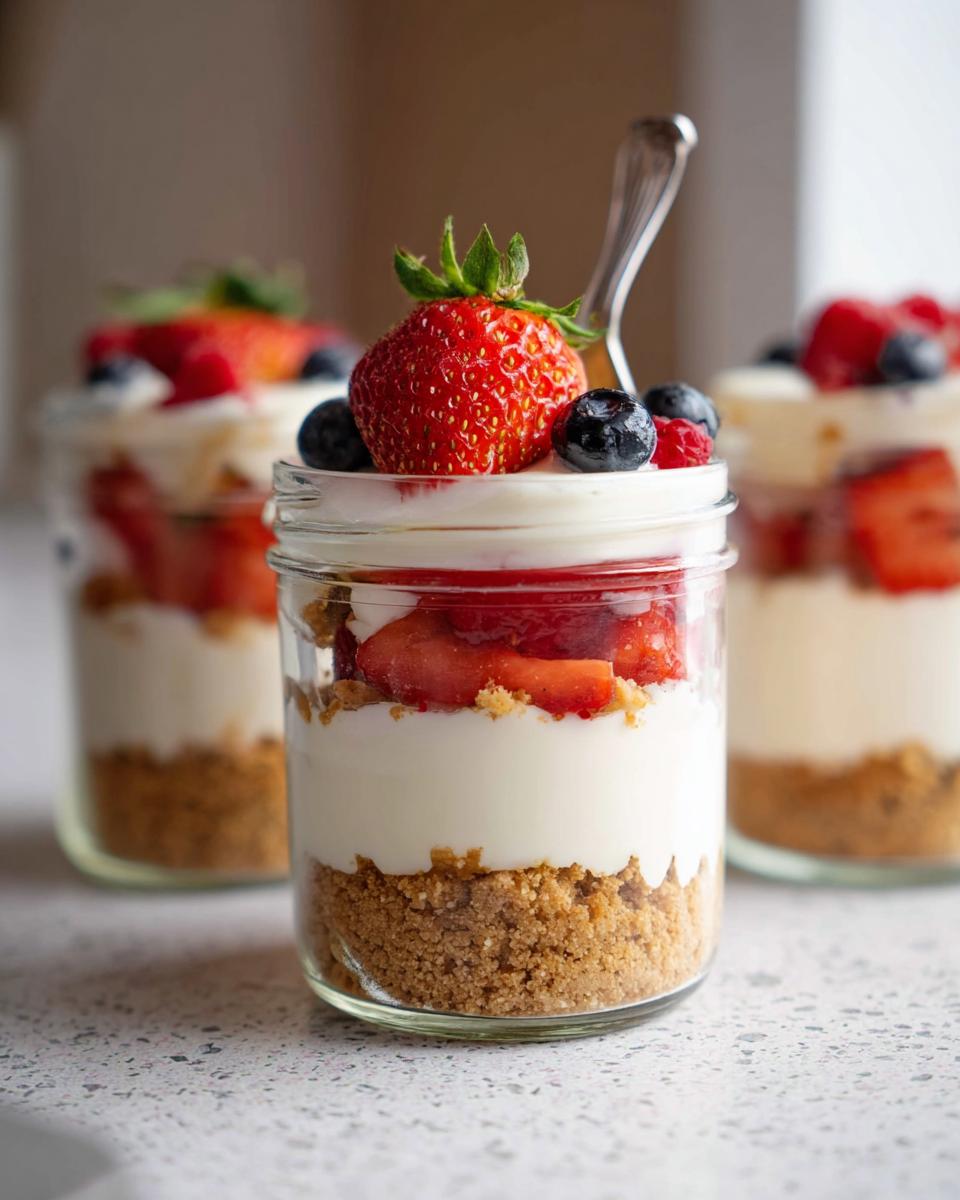 Close-up of a high protein cheesecake jar layered with graham cracker crumbs, creamy filling, and fresh strawberries and blueberries.