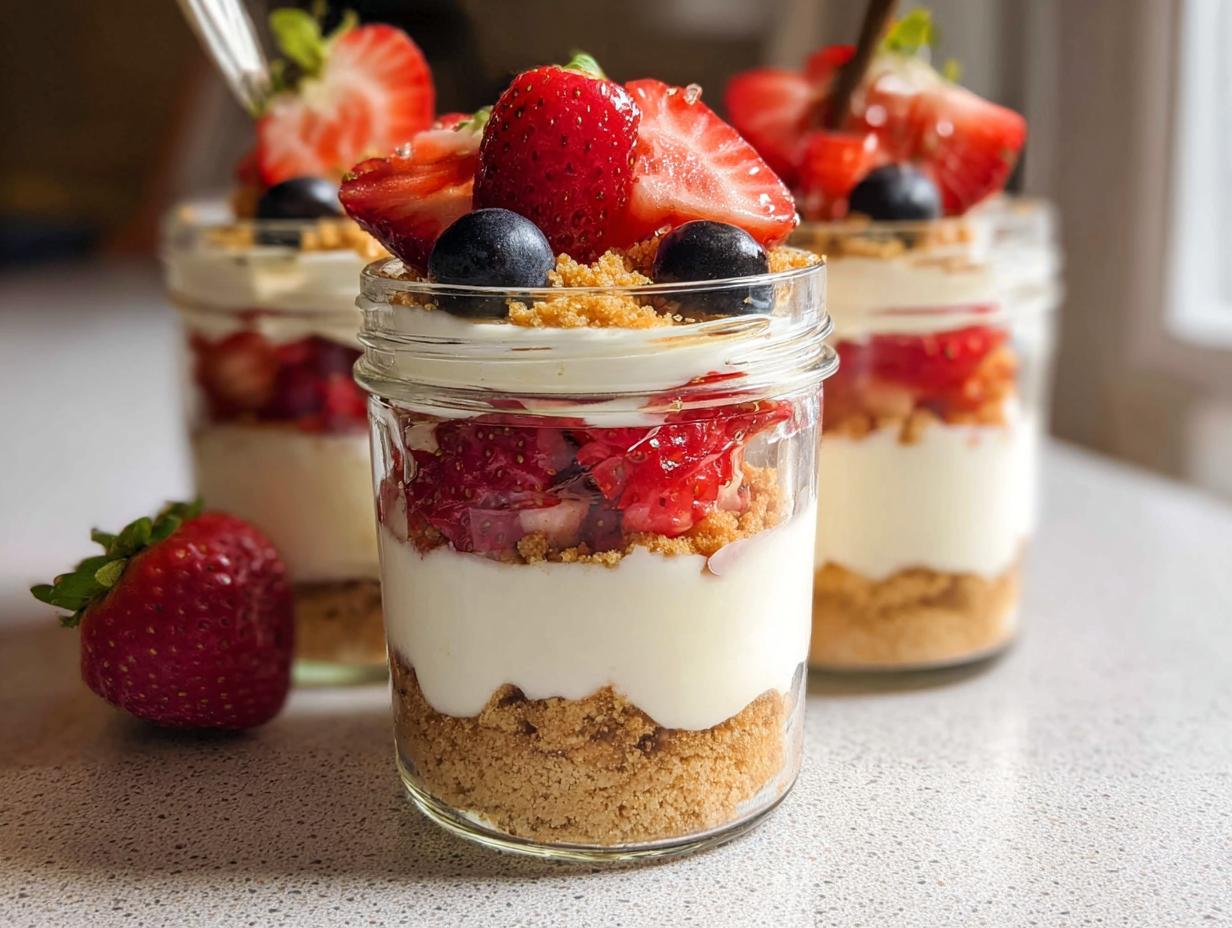 Close-up of High Protein Cheesecake Jars layered with graham cracker crumbs, creamy filling, and fresh strawberries and blueberries.