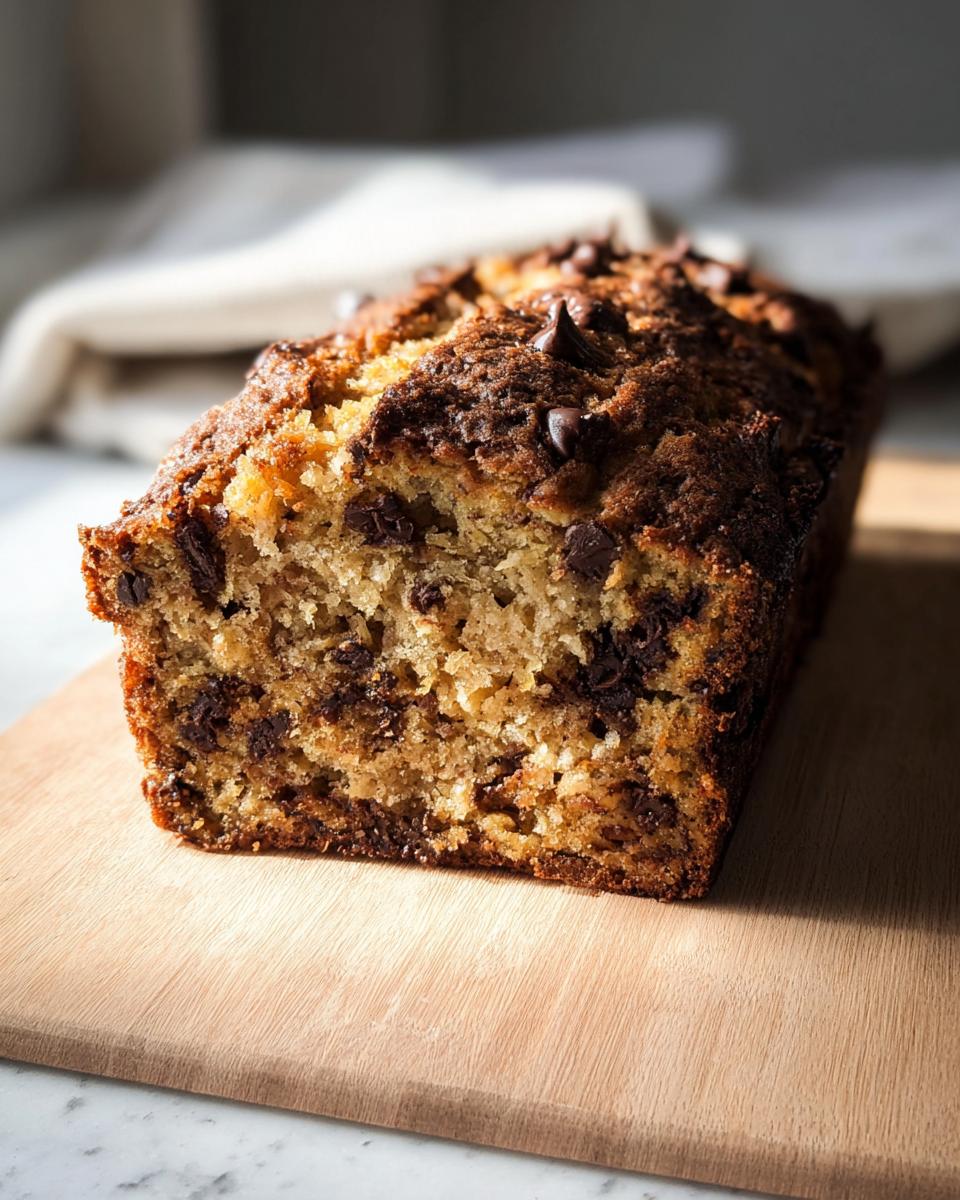 A close-up of a High Protein Chocolate Banana Bread loaf, studded with chocolate chips, on a wooden cutting board.