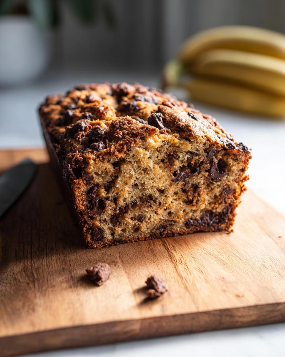 A close-up of a High Protein Chocolate Banana Bread loaf, packed with chocolate chips, on a wooden cutting board.