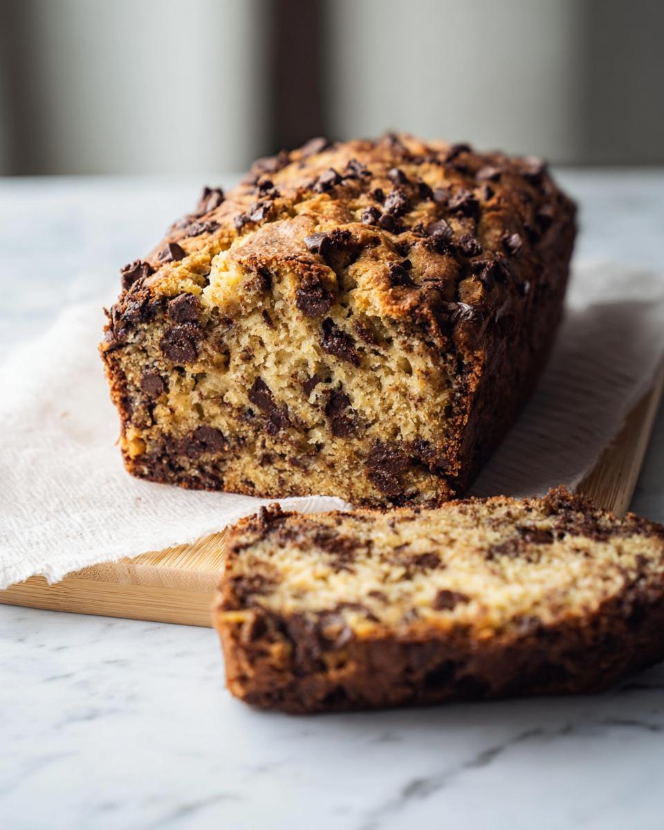 A loaf of High Protein Chocolate Banana Bread with a slice cut, showcasing rich chocolate chips throughout.