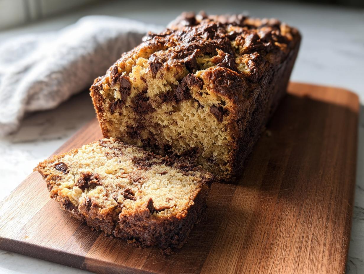 A loaf of High Protein Chocolate Banana Bread with a slice cut, showing rich chocolate chunks throughout.