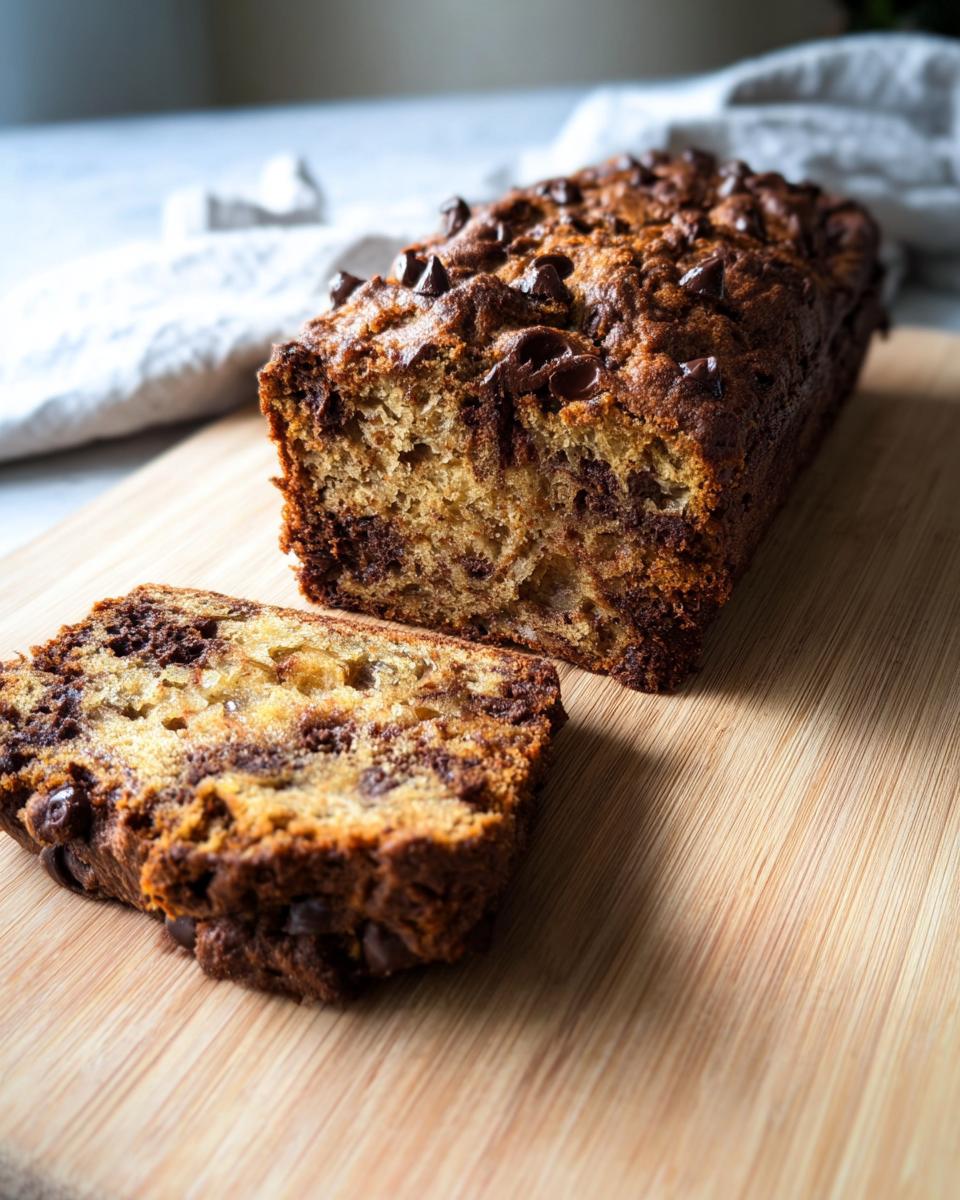 A slice of High Protein Chocolate Banana Bread with chocolate chips on a wooden cutting board.