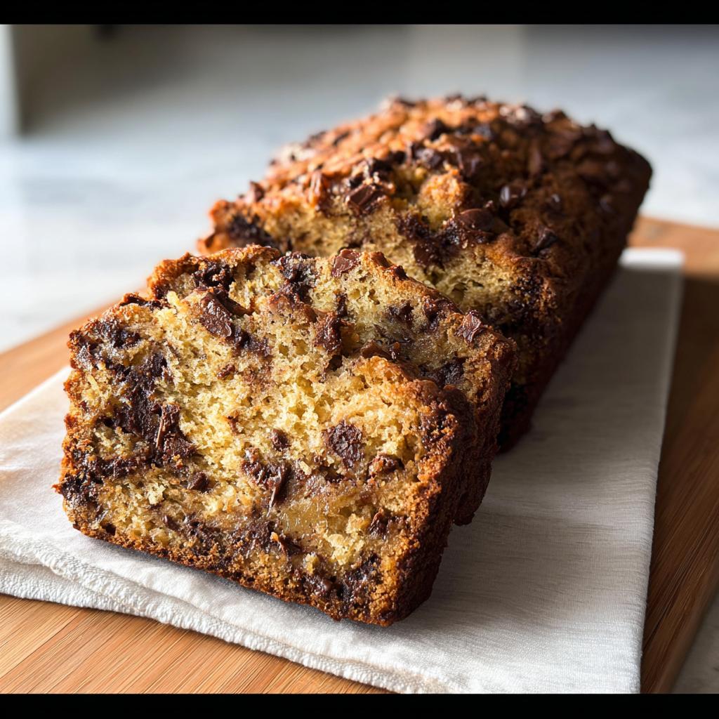 Close-up of sliced High Protein Chocolate Banana Bread, showcasing rich chocolate chips and moist texture.