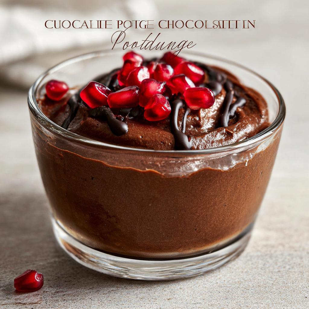 A close-up of a glass of rich High Protein Chocolate Pudding topped with fresh pomegranate seeds and a chocolate drizzle.