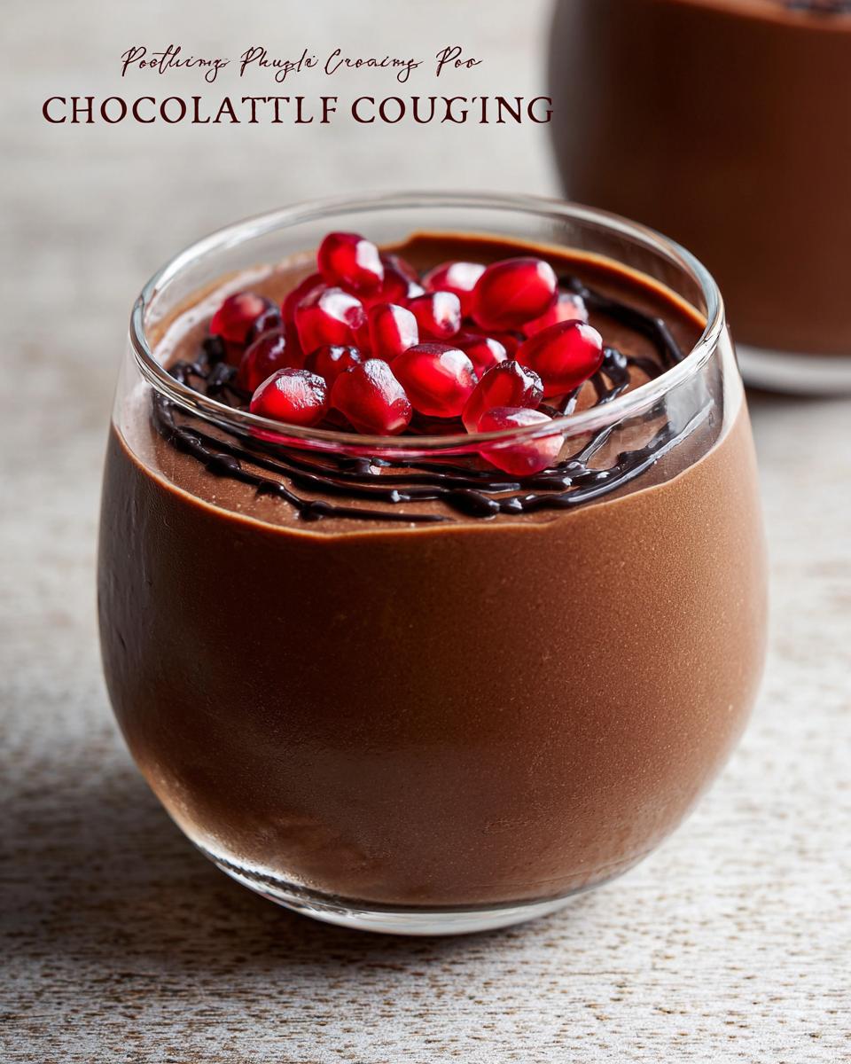 A glass of decadent High Protein Chocolate Pudding topped with fresh pomegranate seeds and chocolate drizzle.