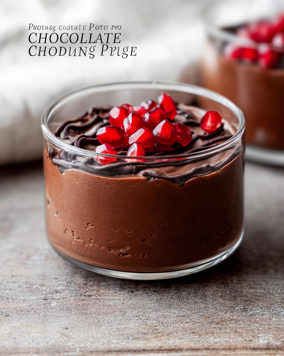 A decadent serving of High Protein Chocolate Pudding topped with chocolate drizzle and fresh pomegranate seeds.