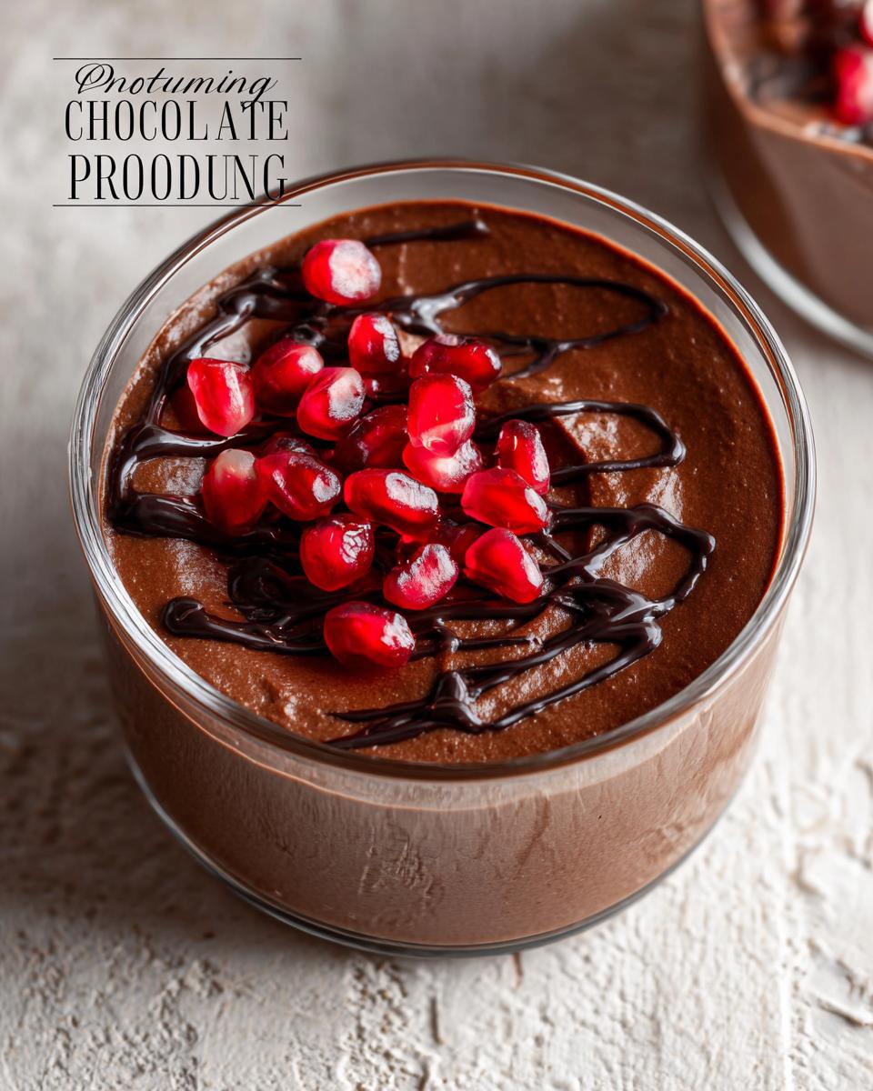 A close-up of a glass bowl filled with rich High Protein Chocolate Pudding, topped with fresh pomegranate seeds and a drizzle of chocolate sauce.