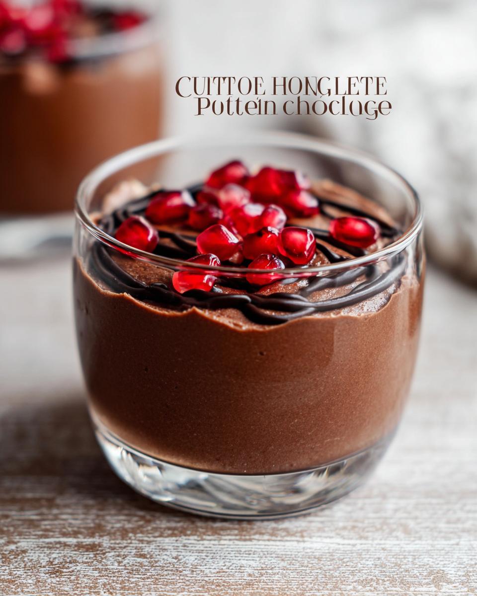 A close-up of a glass of rich, dark High Protein Chocolate Pudding topped with pomegranate seeds and chocolate drizzle.