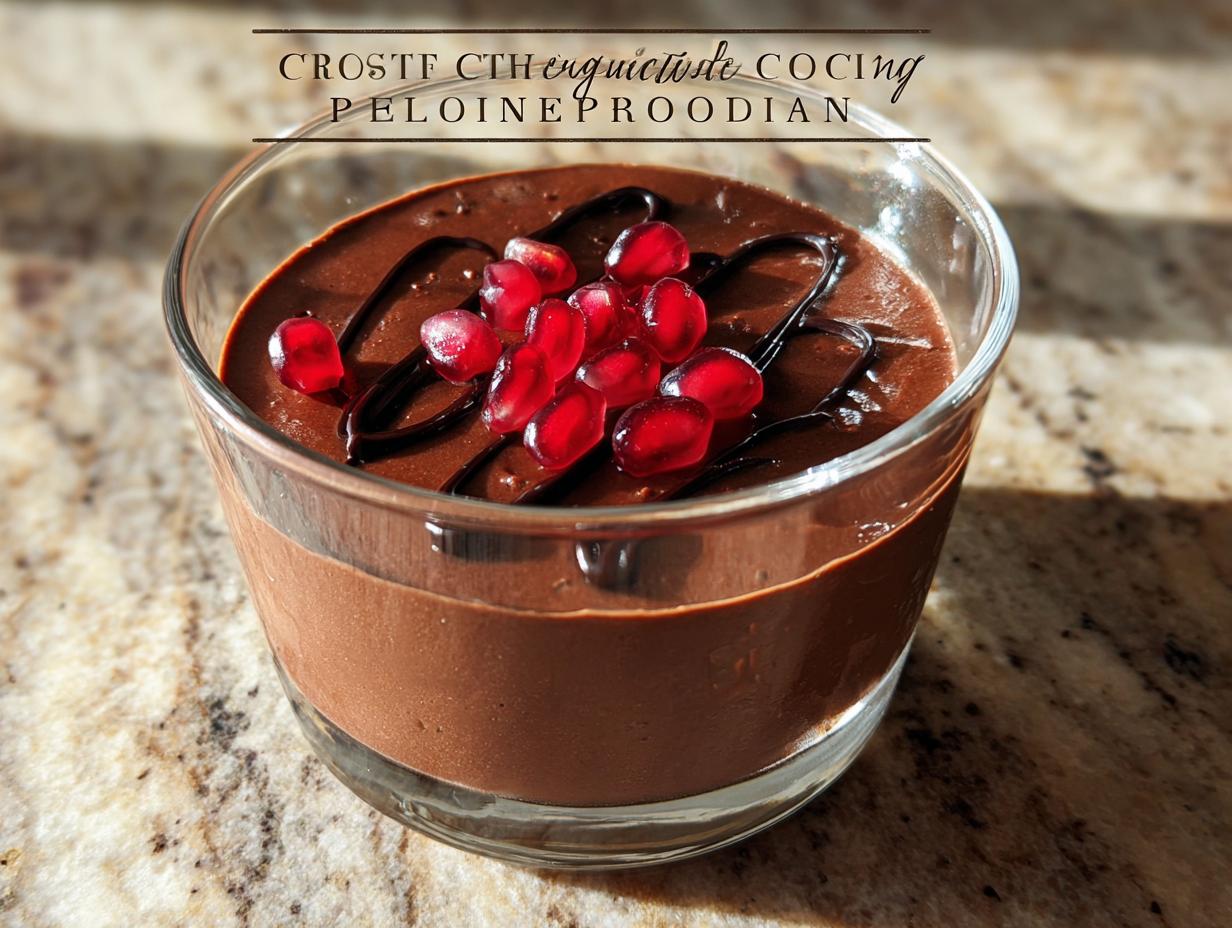 A close-up of a glass of High Protein Chocolate Pudding topped with pomegranate seeds and chocolate drizzle.