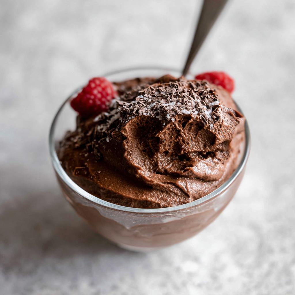 A close-up of a bowl of rich High Protein Chocolate Pudding topped with raspberries and chocolate shavings.
