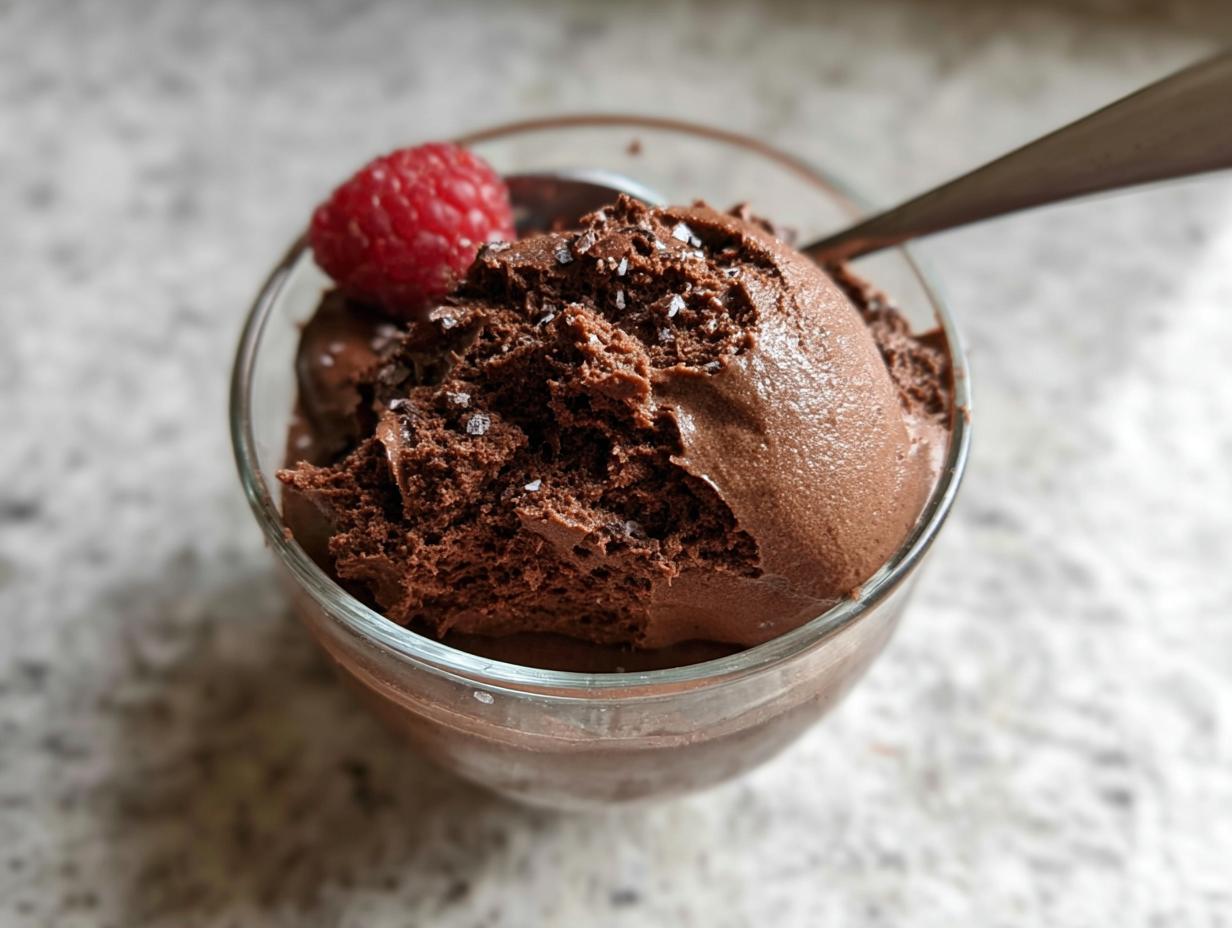 A close-up of a glass bowl filled with decadent High Protein Chocolate Pudding, topped with a fresh raspberry and a sprinkle of sea salt.