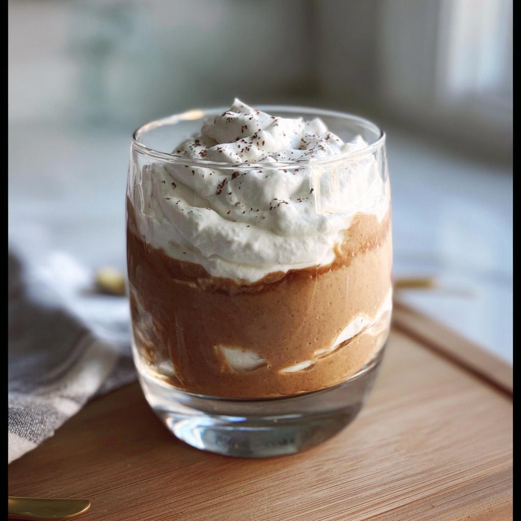 A glass of High-Protein Cottage Cheese Peanut Butter Mousse topped with whipped cream and chocolate shavings.