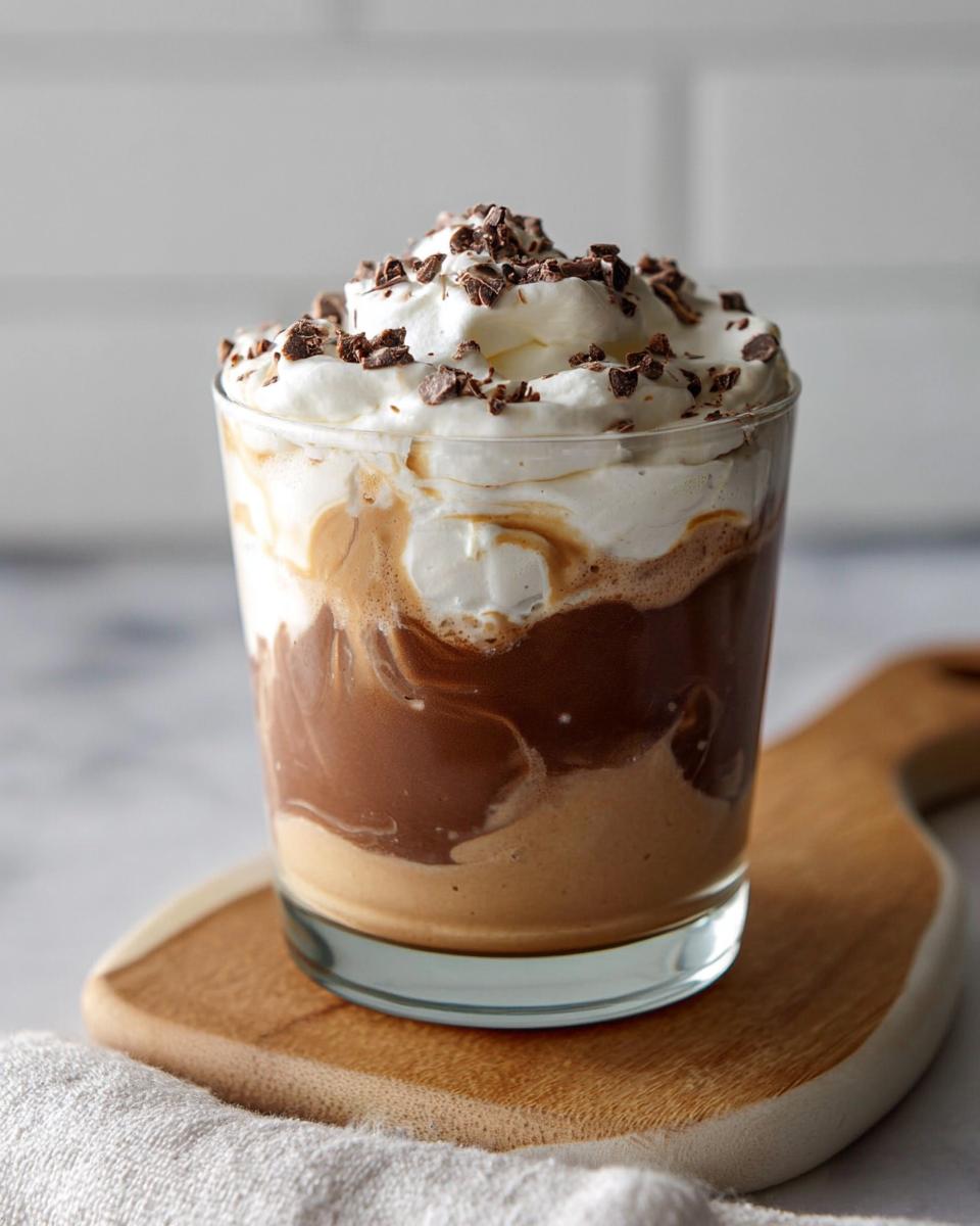 A decadent High-Protein Cottage Cheese Peanut Butter Mousse topped with whipped cream and chocolate shavings.
