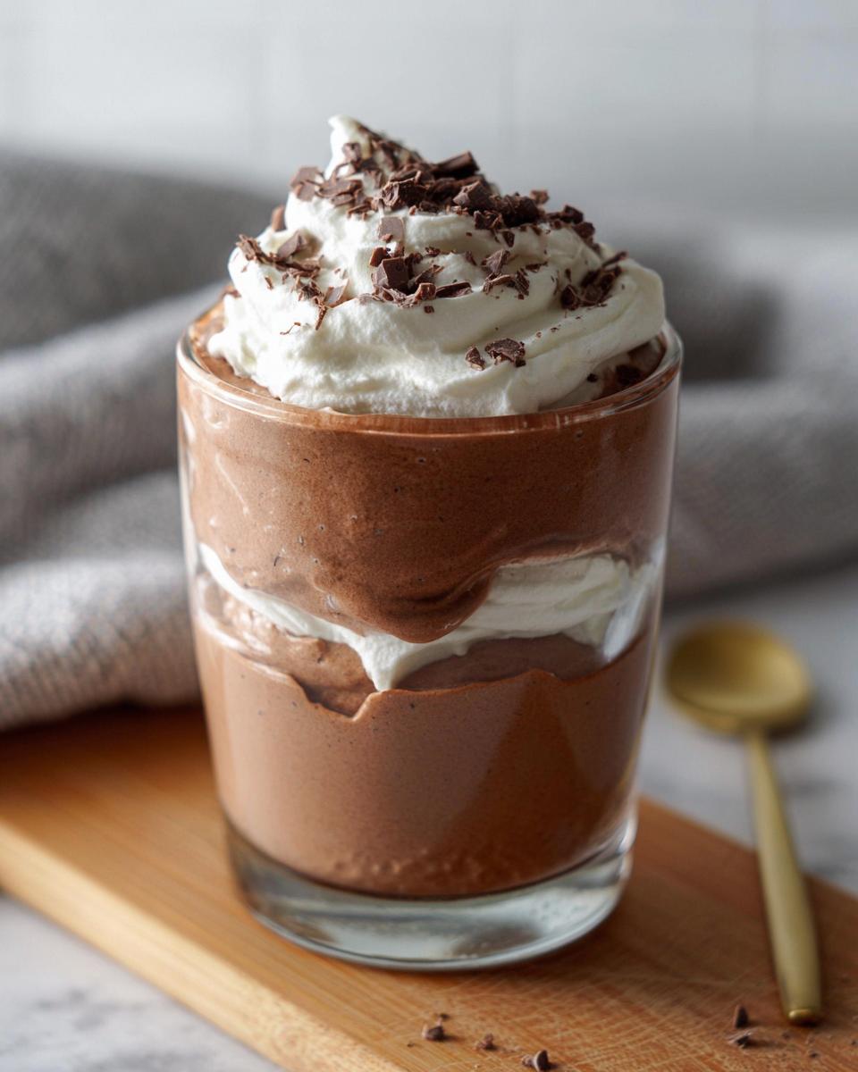 A decadent glass of High-Protein Cottage Cheese Peanut Butter Mousse topped with whipped cream and chocolate shavings.