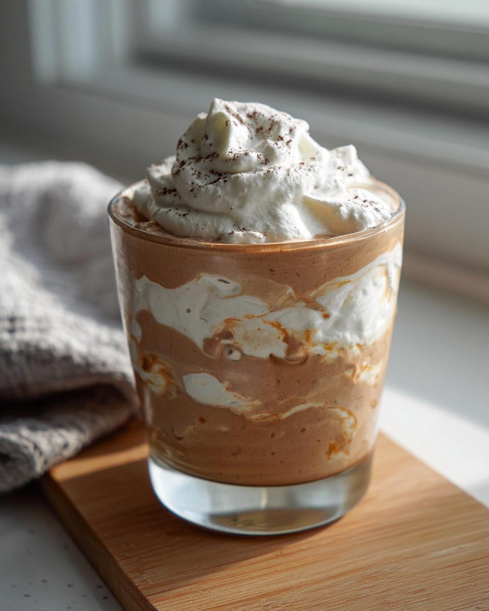 A glass filled with High-Protein Cottage Cheese Peanut Butter Mousse, topped with whipped cream and cocoa powder.