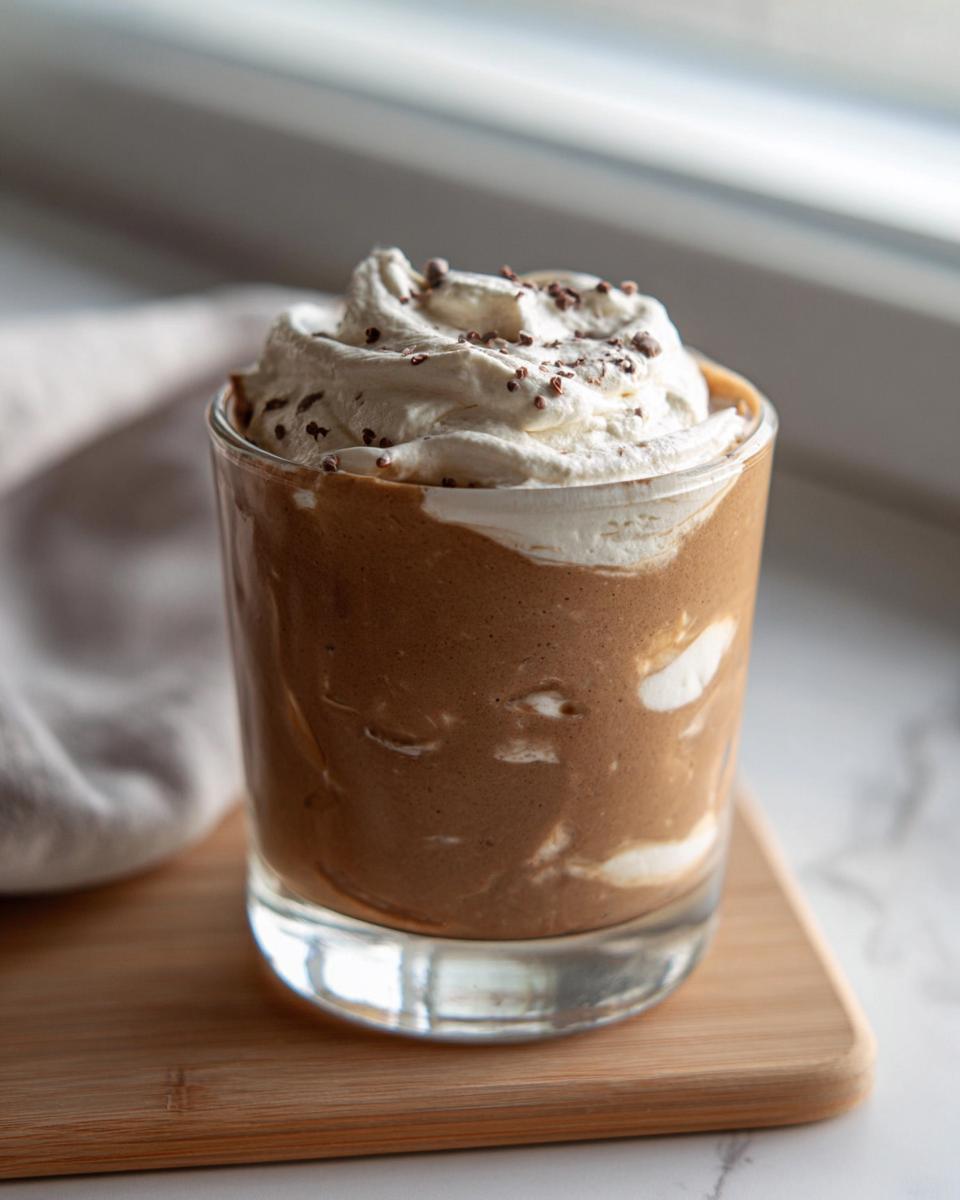 A glass of High-Protein Cottage Cheese Peanut Butter Mousse topped with whipped cream and chocolate shavings.