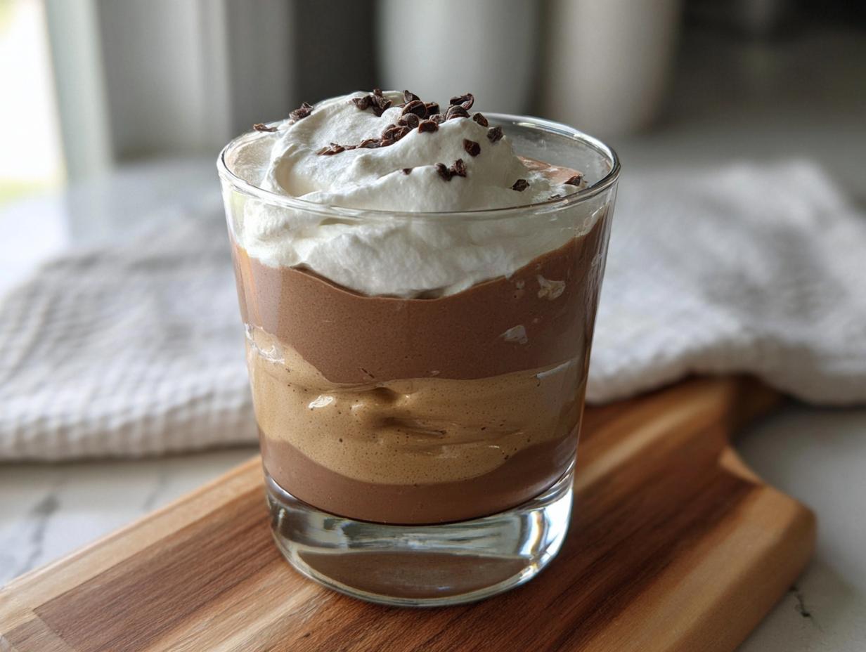 A layered High-Protein Cottage Cheese Peanut Butter Mousse in a glass, topped with whipped cream and chocolate shavings.