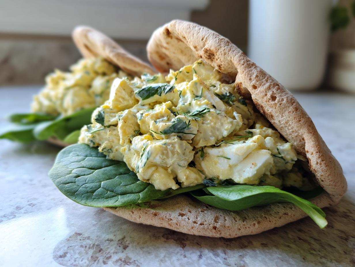 Close-up of a healthy lunch idea: high protein egg salad stuffed into a pita with fresh spinach.