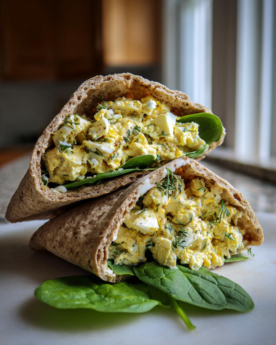 Two halves of whole wheat pita bread stuffed with creamy egg salad and fresh spinach, a perfect high protein lunch idea.