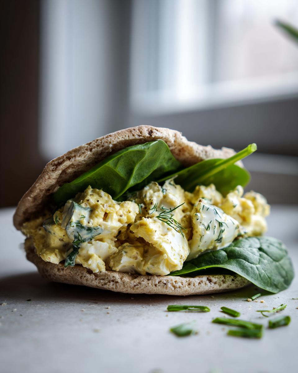 A close-up of a pita pocket stuffed with creamy, high protein egg salad and fresh spinach.