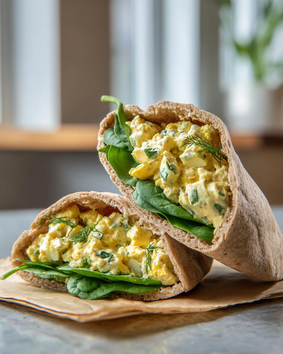 Two halves of whole wheat pitas stuffed with creamy egg salad, fresh spinach, and dill. Healthy Lunch Ideas for High Protein Egg Salad Stuffed Pitas.