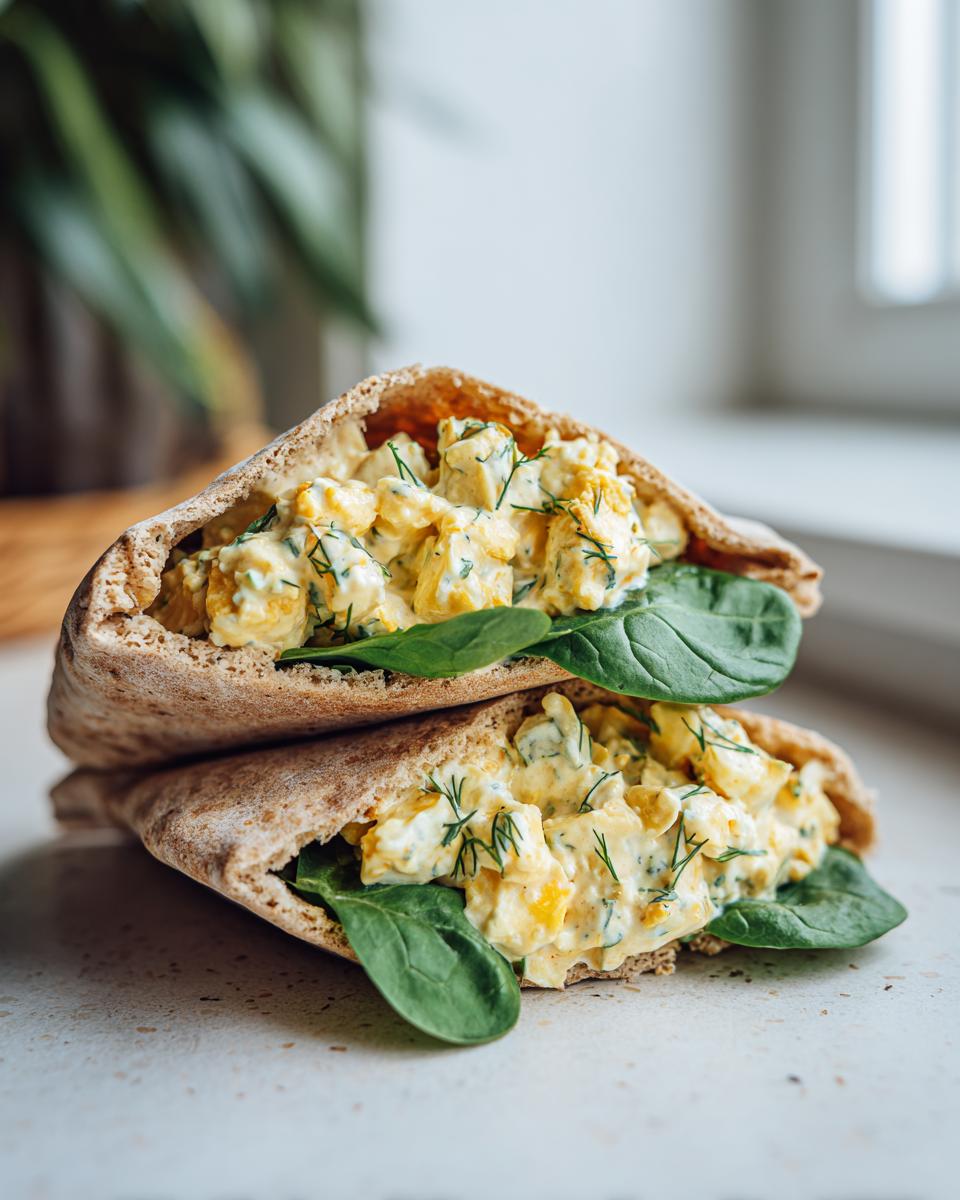 Two whole wheat pitas stuffed with creamy egg salad and fresh spinach, a perfect healthy lunch idea.