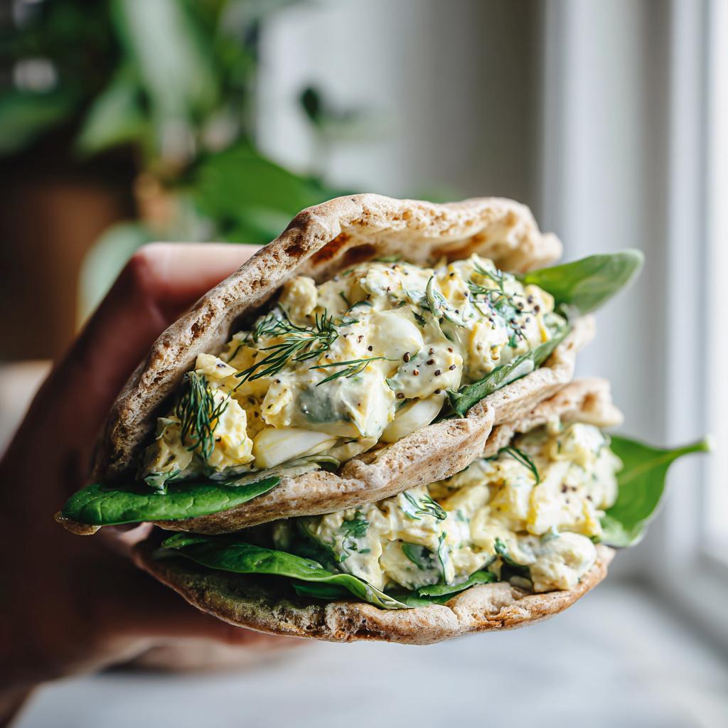 A person holds two halves of a whole wheat pita stuffed with creamy egg salad, fresh spinach, and dill.