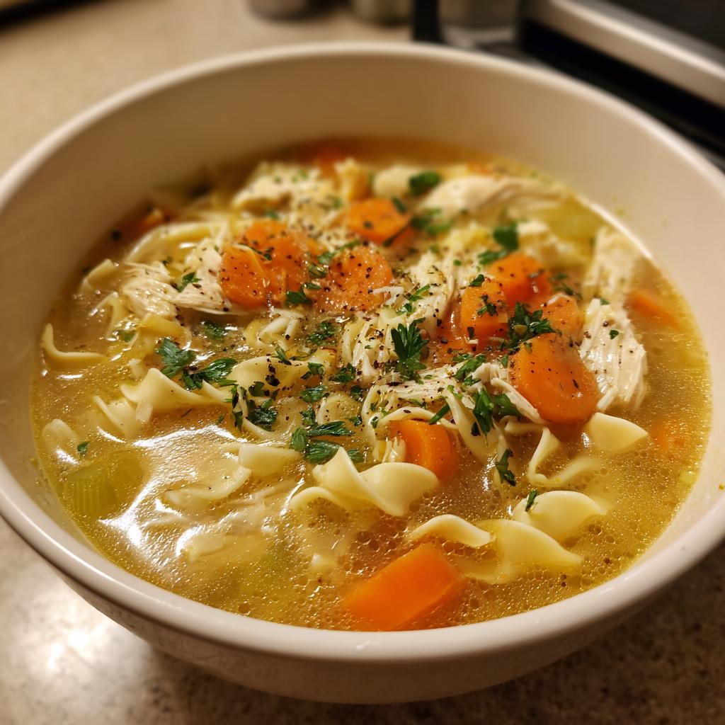 A close-up bowl of homemade chicken noodle soup with noodles, shredded chicken, carrots, and parsley.