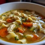 A close-up of a bowl of homemade chicken noodle soup, featuring tender chicken, wide noodles, carrots, and celery, garnished with parsley.