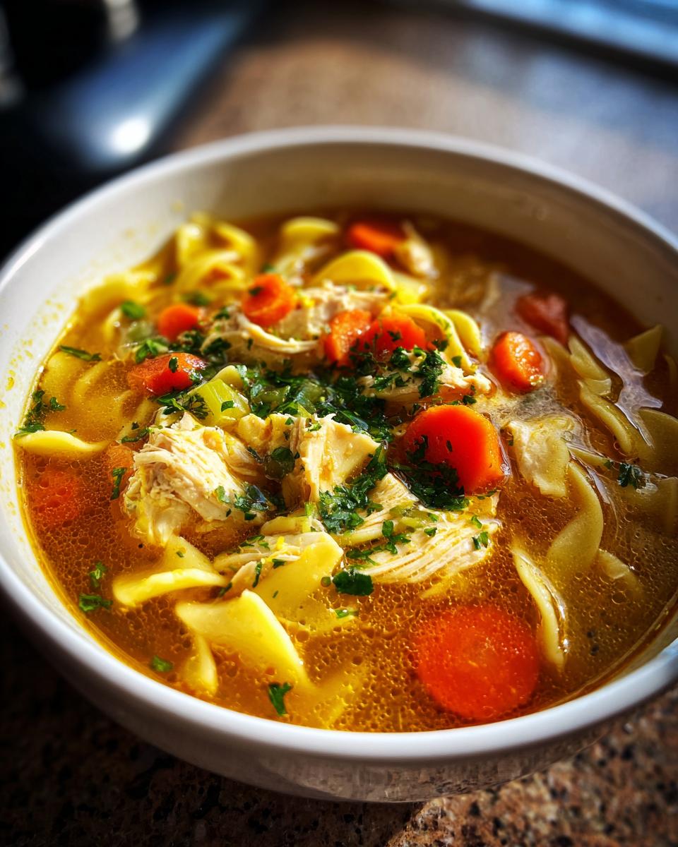 A close-up of a bowl of homemade chicken noodle soup with noodles, shredded chicken, carrots, and parsley.
