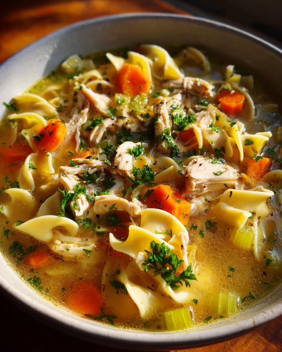 A close-up shot of a bowl of homemade chicken noodle soup, featuring shredded chicken, egg noodles, carrots, and celery, garnished with parsley.