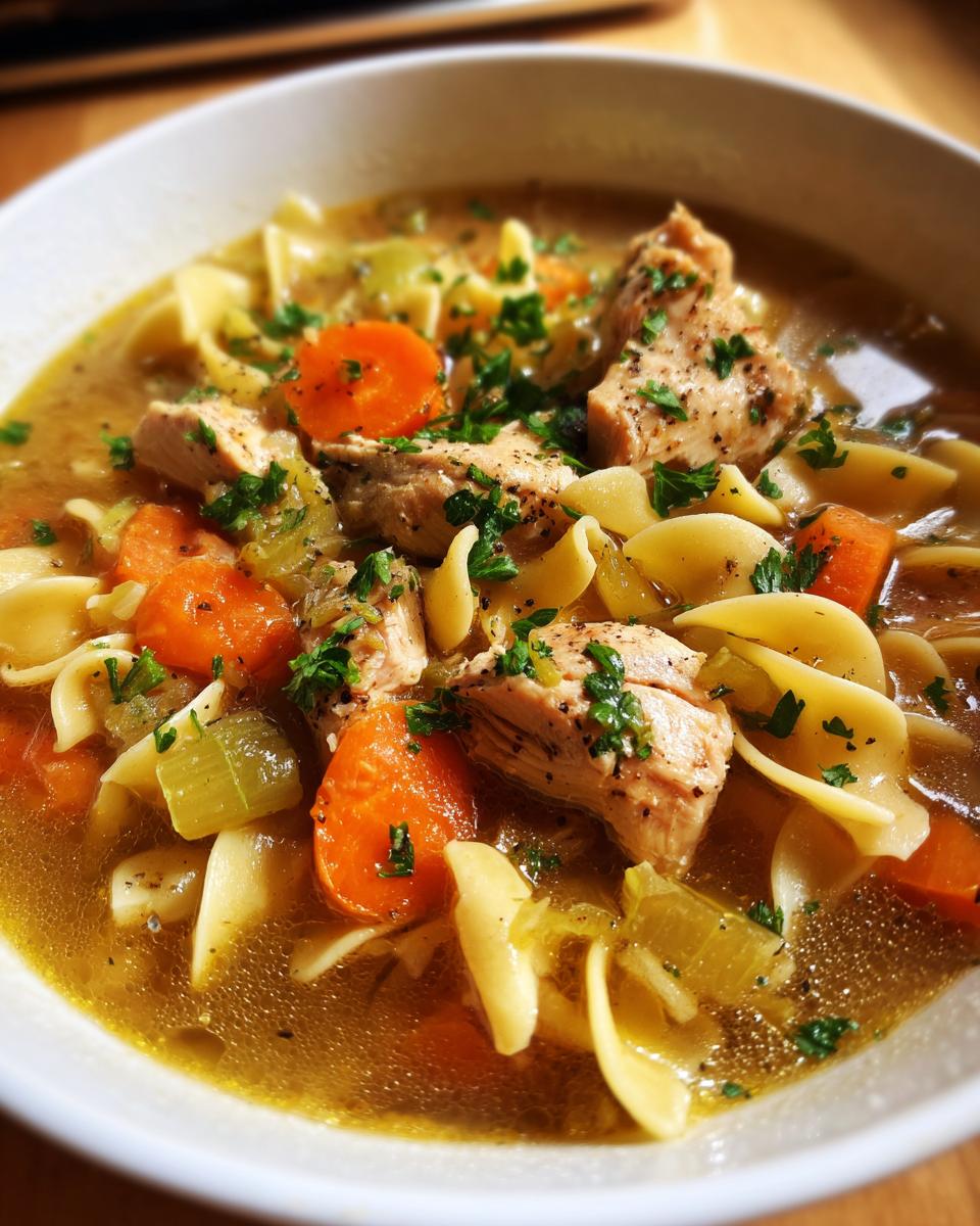 A close-up of a bowl of homemade chicken noodle soup, featuring tender chicken pieces, wide egg noodles, carrots, and celery, garnished with parsley.