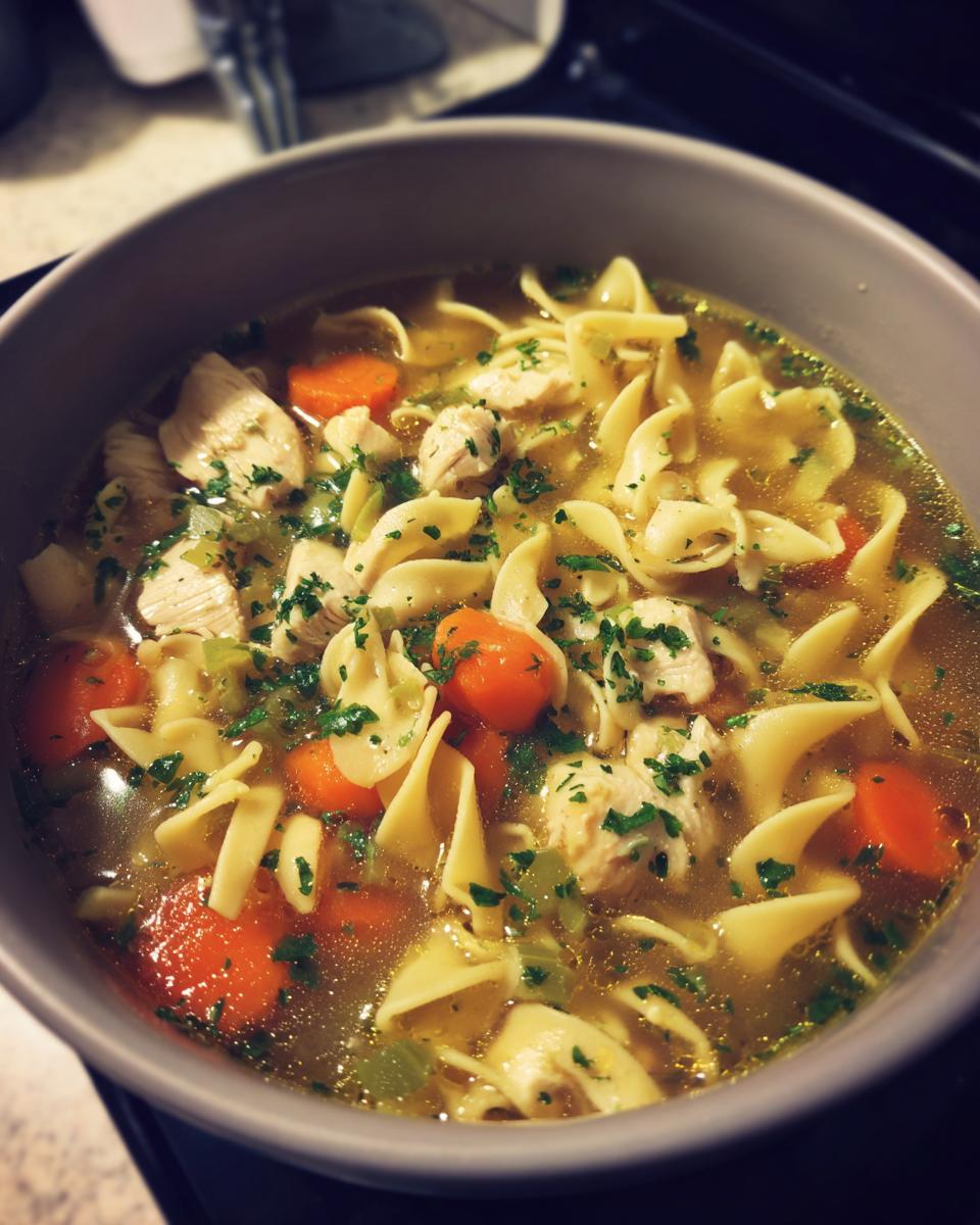 A close-up bowl of homemade chicken noodle soup with egg noodles, chicken chunks, carrots, and celery, garnished with parsley.