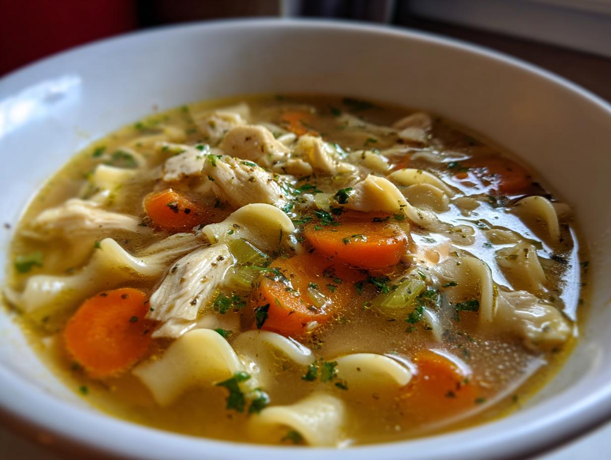 A close-up of a bowl of homemade chicken noodle soup, featuring tender chicken, wide noodles, carrots, and celery, garnished with parsley.