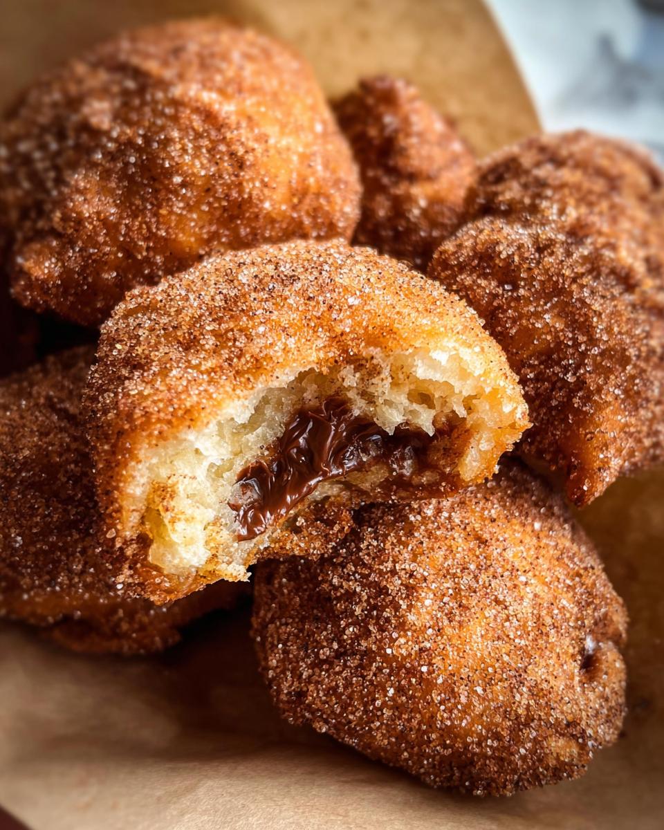Close-up of homemade churro bites coated in cinnamon sugar, with one bitten open to reveal a rich Nutella filling.