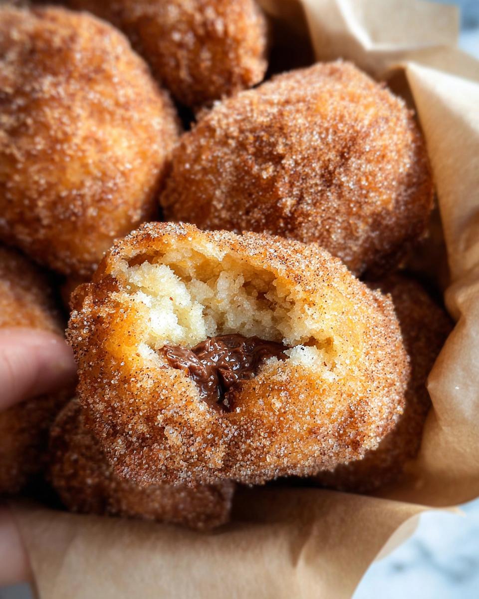 Close-up of a homemade churro bite, broken open to reveal a gooey Nutella filling.