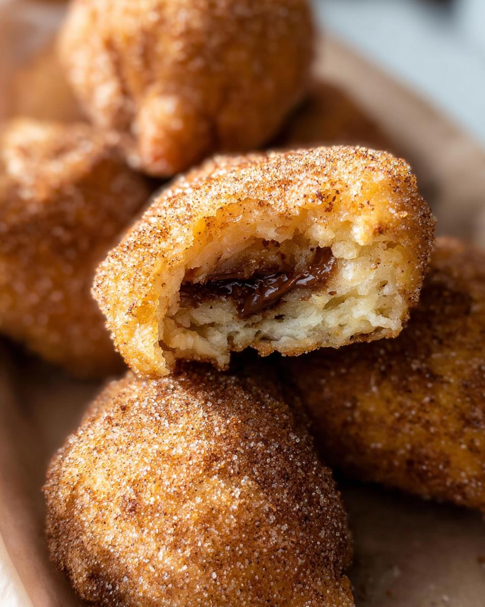 Close-up of a homemade churro bite, coated in cinnamon sugar, with a gooey Nutella filling revealed.