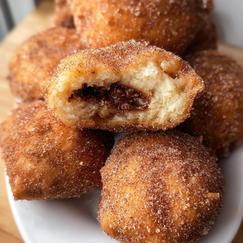 Close-up of homemade churro bites filled with Nutella, coated in cinnamon sugar.