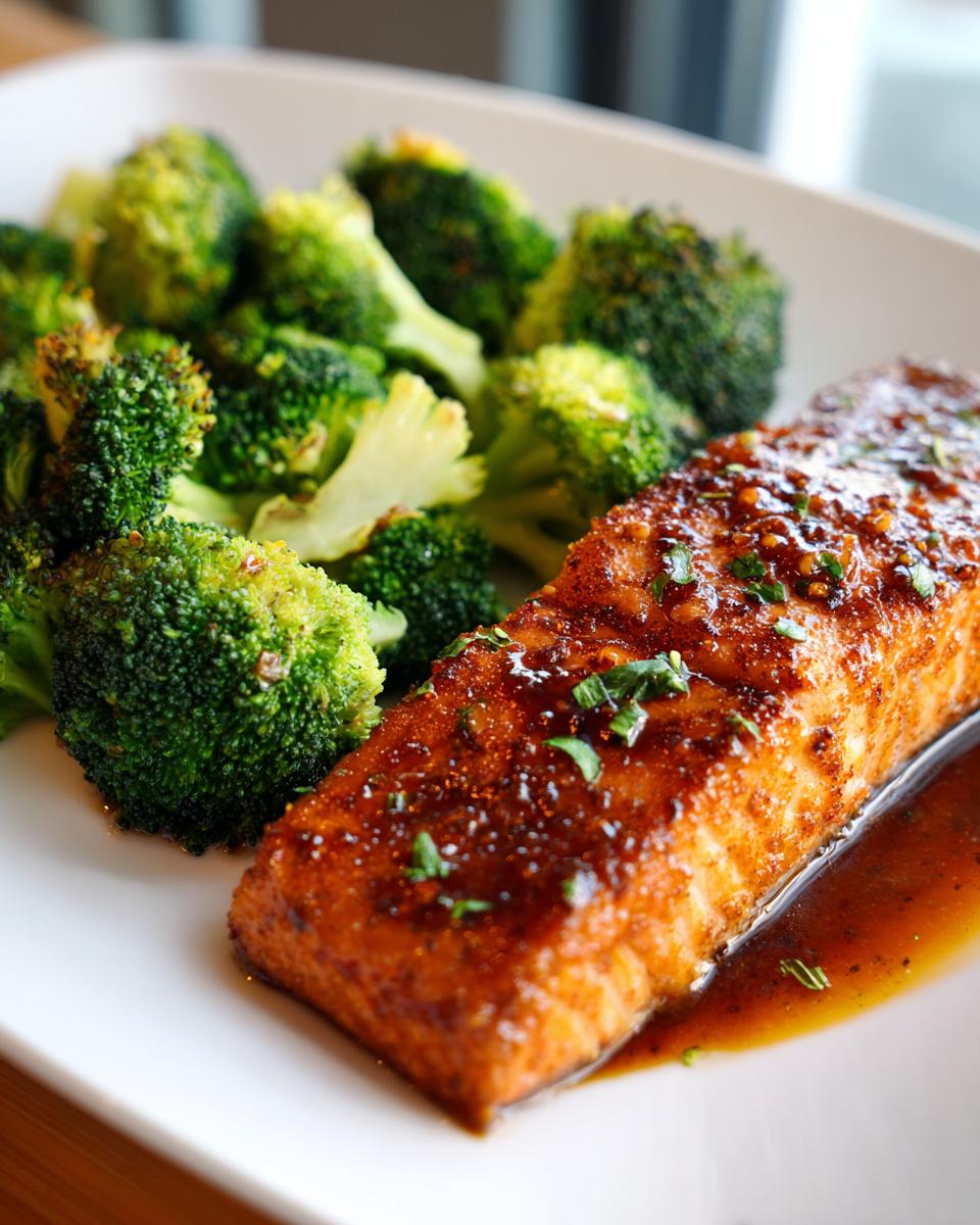A glistening fillet of honey garlic salmon served with steamed broccoli florets, a perfect easy dinner recipe.