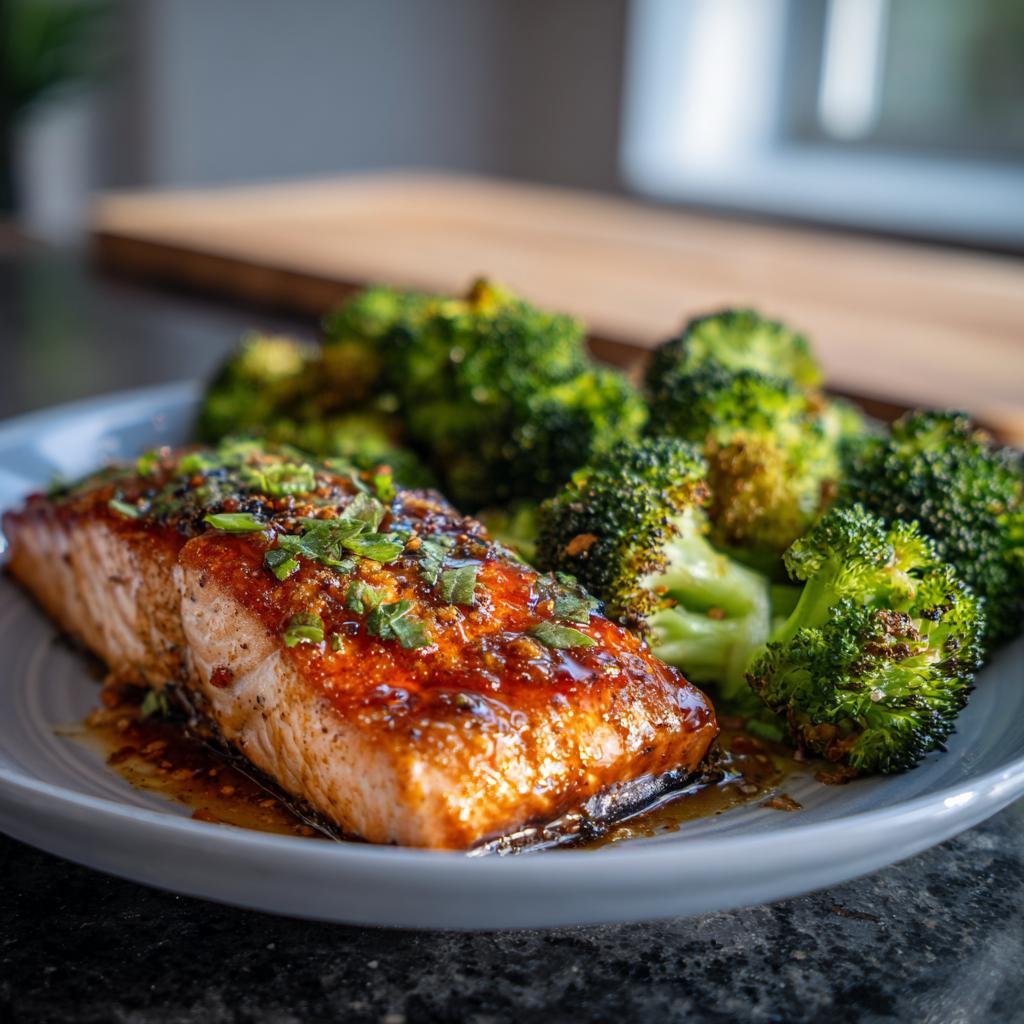 A glistening piece of honey garlic salmon served with roasted broccoli, perfect for easy dinner recipes.
