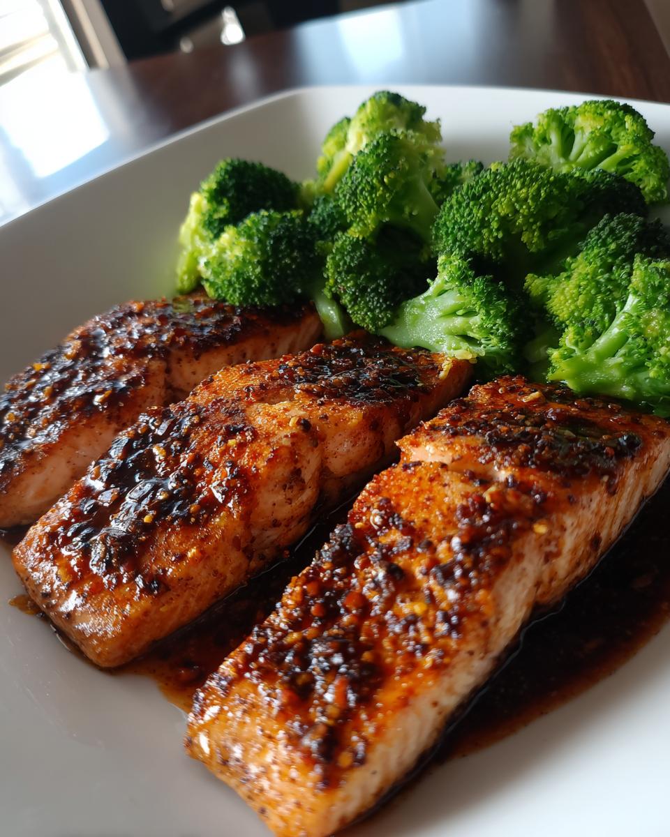 Three pieces of glazed honey garlic salmon served with steamed broccoli, a perfect easy dinner recipe.