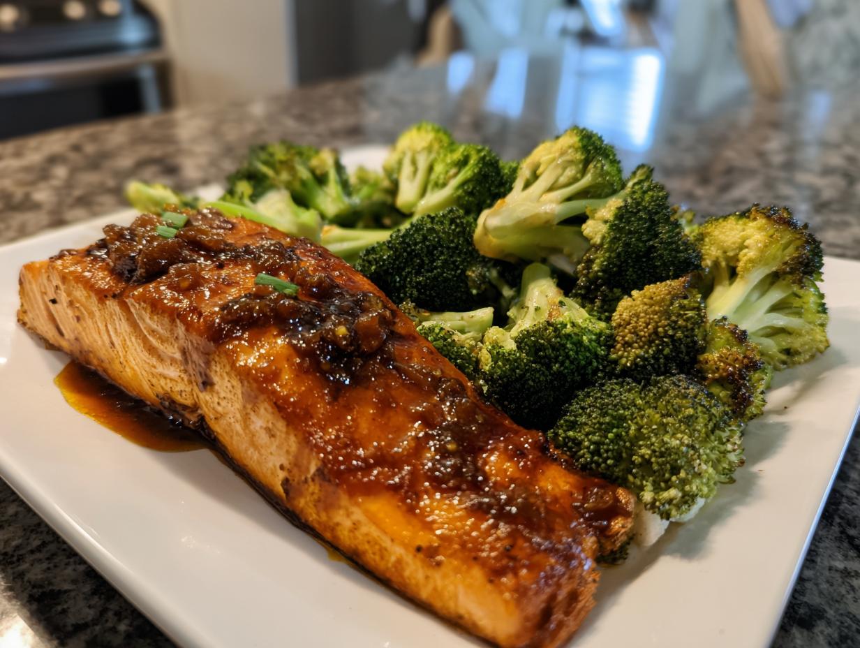 A glistening fillet of honey garlic salmon served with roasted broccoli florets, a perfect easy dinner recipe.