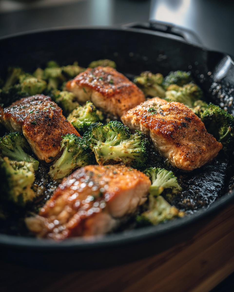 Four pieces of pan-seared honey garlic salmon with roasted broccoli florets in a cast iron skillet.