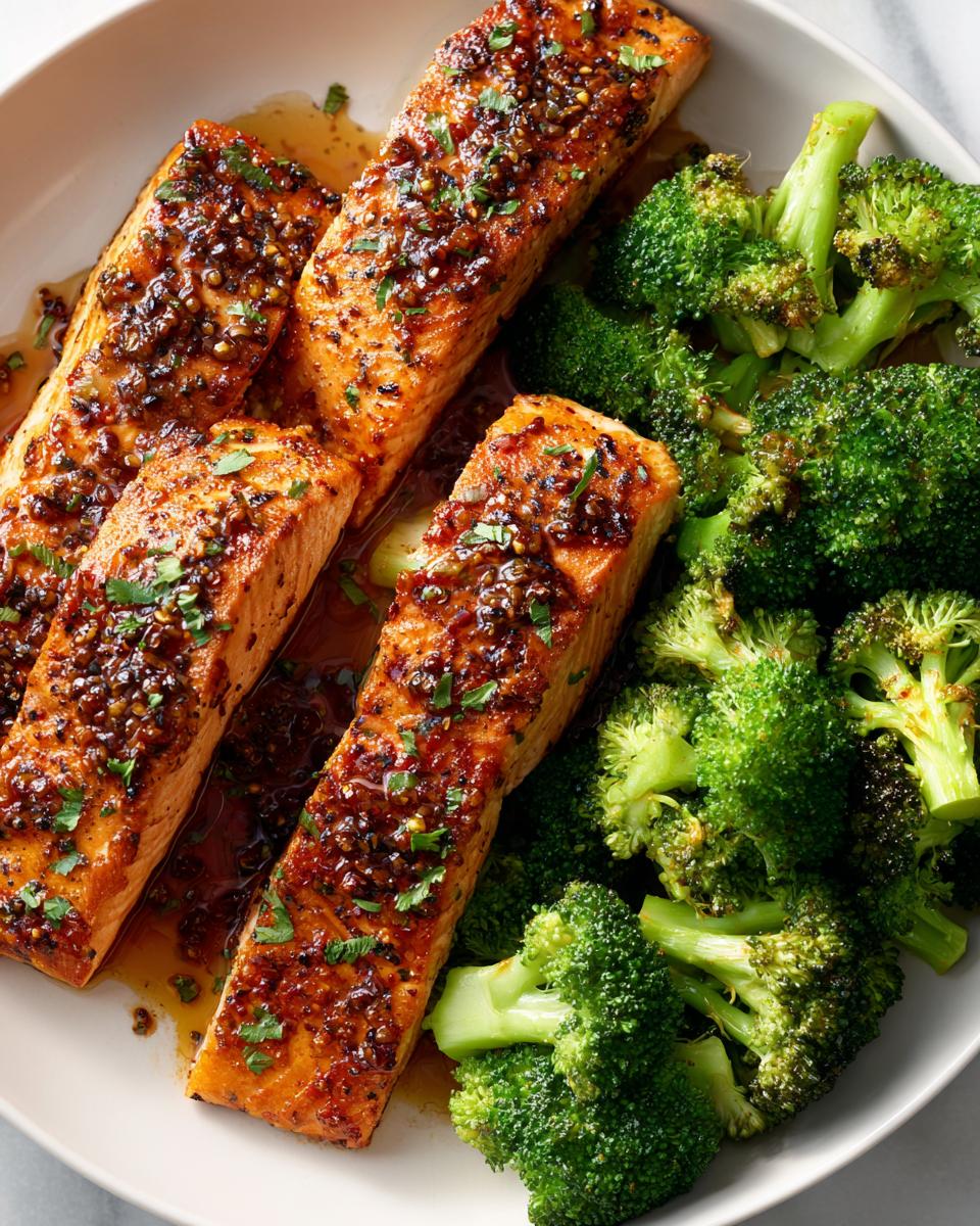 Three fillets of honey garlic salmon served with steamed broccoli, a perfect easy dinner recipe.
