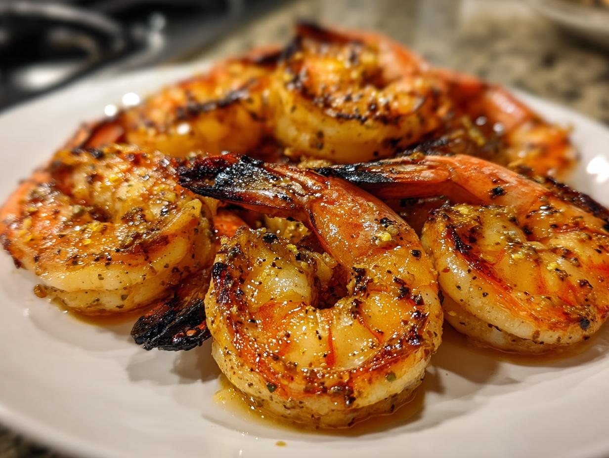Close-up of perfectly grilled honey lime shrimp with visible grill marks and seasoning.