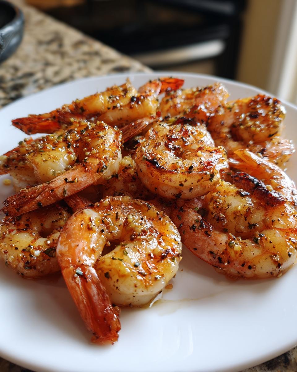 Close-up of glistening grilled honey lime shrimp seasoned with herbs and spices, served on a white plate.