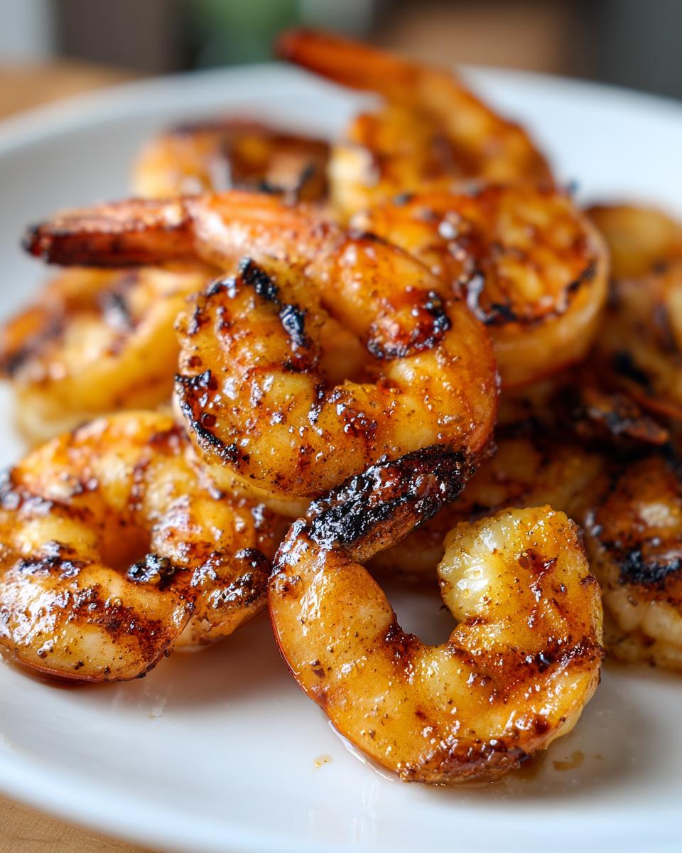 Close-up of perfectly grilled honey lime shrimp, showcasing char marks and a glossy glaze, ready for fast cookouts.